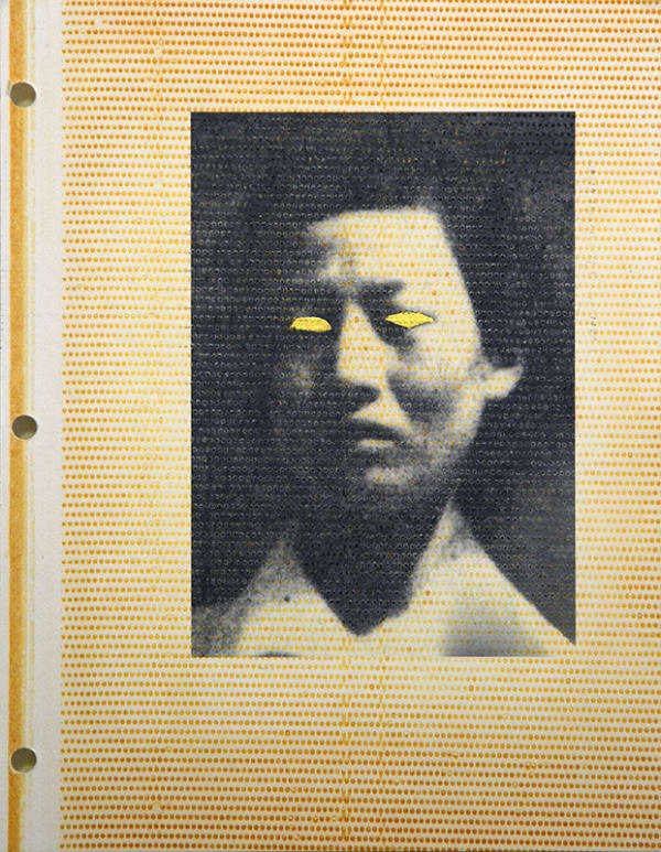 Young Sun Han Fantom Border Crosser #4, 2013 Archival ink and gold leaf on vintage album page, acrylic coating 21.5 x 21.7 x 1.2 cm