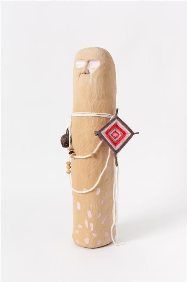 Wanda Gillespie Spirit Guy with Gum Nut and God’s Eye, 2018 wood carving in Jelutong, gouache and acrylic, gumnut, sticks, wool 49.5 x 17.0 x 12.0 cm