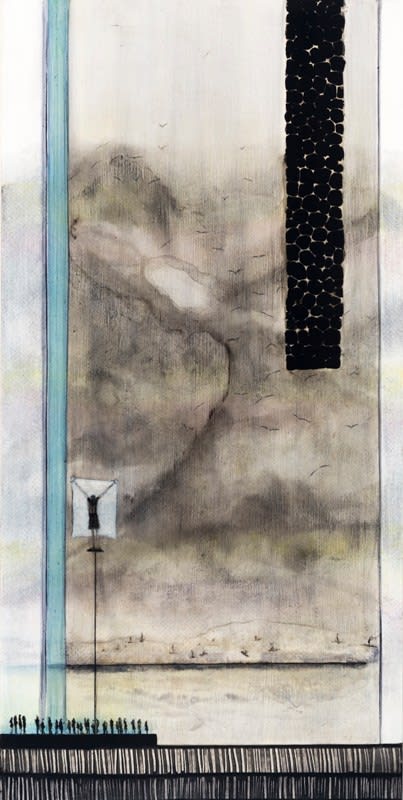Linda Holloway Day Seven, 2014 Ink, acrylic, oil and charcoal on wood 60.0 x 30.0 cm