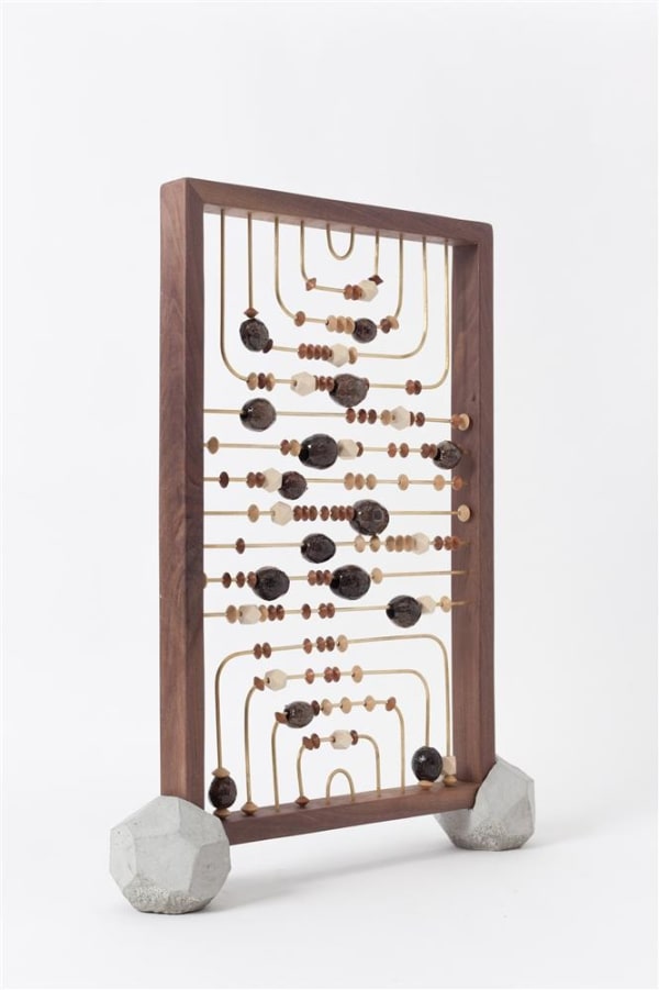 Wanda Gillespie Higher Consciousness Integrating Calculator (with Gumnut) I, 2019 walnut, brass, wooden beads, gum nuts, resin, wax, cast concrete 56.0 x 42.0 x 9.5 cm
