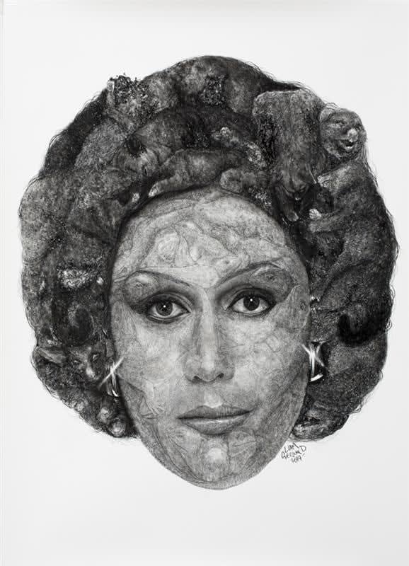 Liam Gerrard Dame Kiri Te Kanawa made out of Tuatara and Dead Possums, 2014 Charcoal on paper 135.0 x 91.0 cm