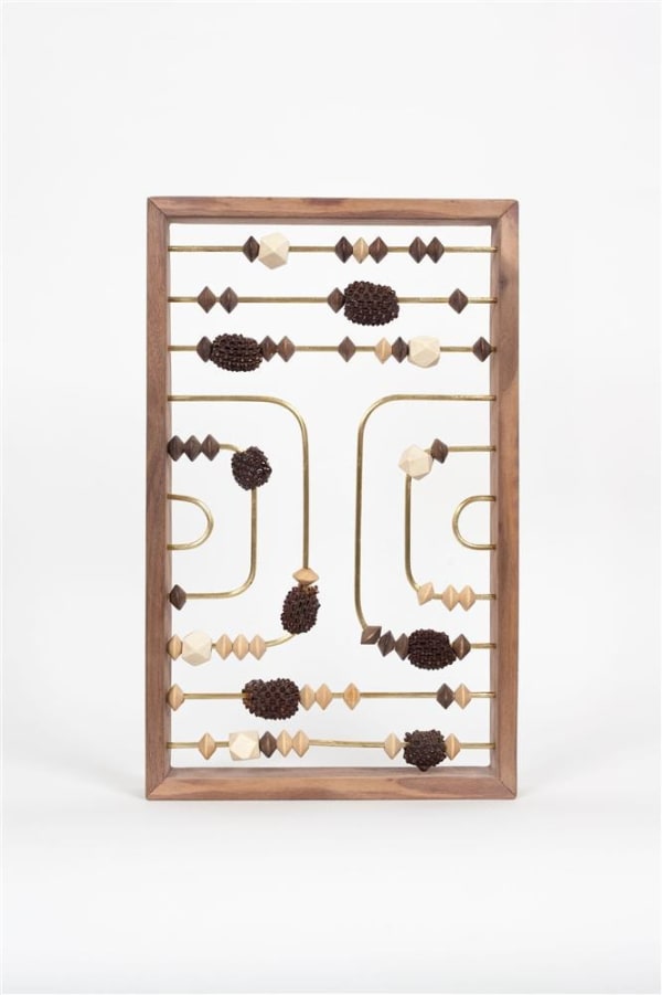 Wanda Gillespie Higher Consciousness Integrating Calculator (with Sheoak) III, 2019 walnut, brass, wooden beads, Sheoak, resin, wax 33.5 x 21.0 x 3.0 cm