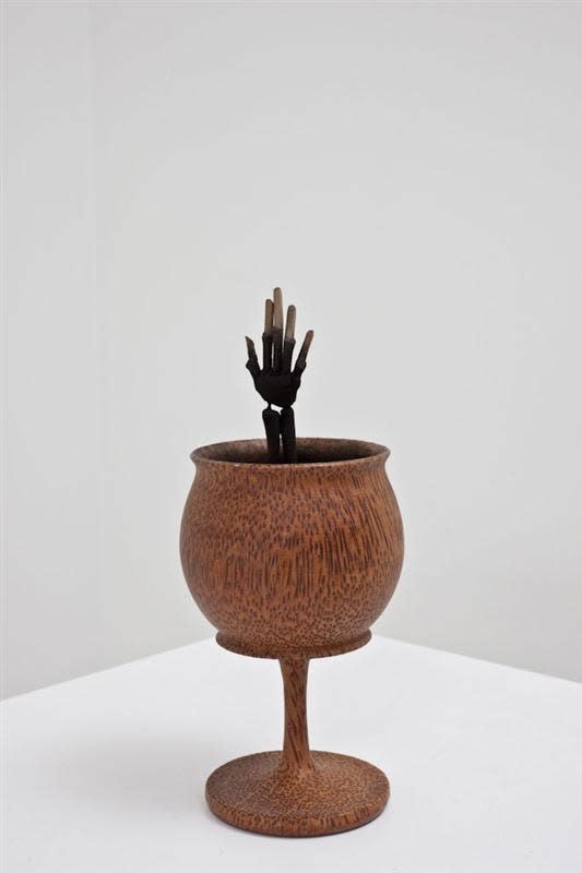 Josephine Cachemaille Waving while drowning, 2011 Wood, wire, charcoal, glue, found goblet 160 x 110 x 110 mm