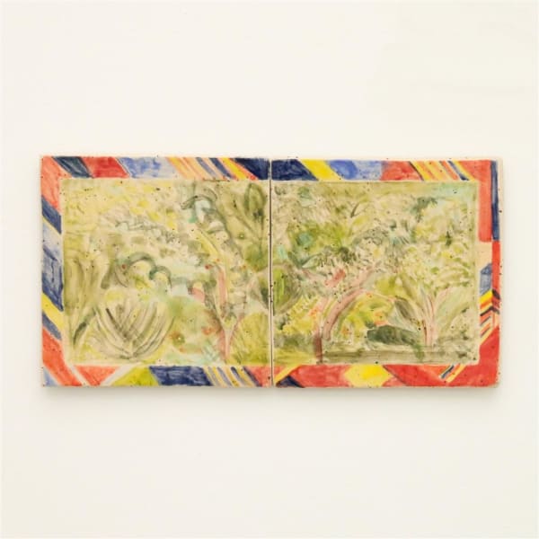 Julia Holderness Garden Scene, 2024 Glazed stoneware tiles, set of 2 145 x 285 mm