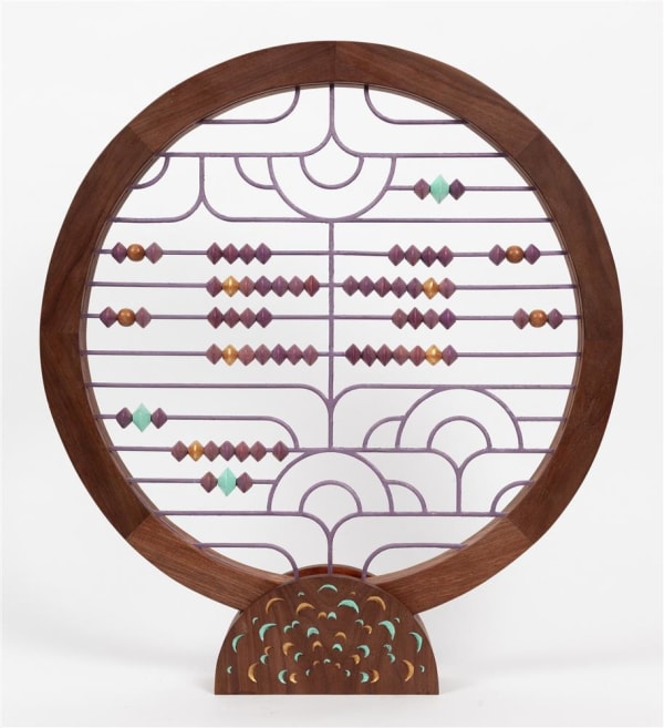 Wanda Gillespie Petite Circular Economy, 2022 Walnut with Rata splines, Walnut chip carved stand, acrylic paint, Totara veneer 37.2 x 41.2 x 5.0 cm