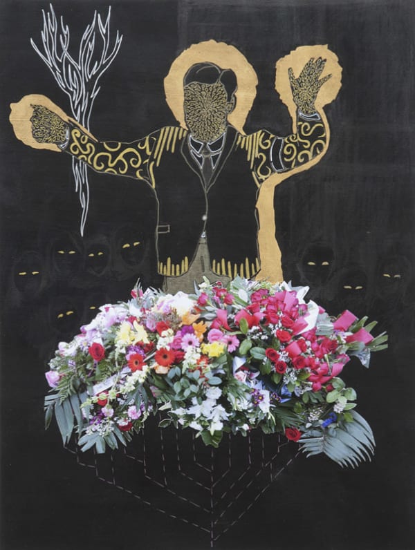 Young Sun Han Dissolving Ritual, 2012 Acrylic, ink, graphite, photo cutout, gold leaf on paper 42.0 x 32.0 cm