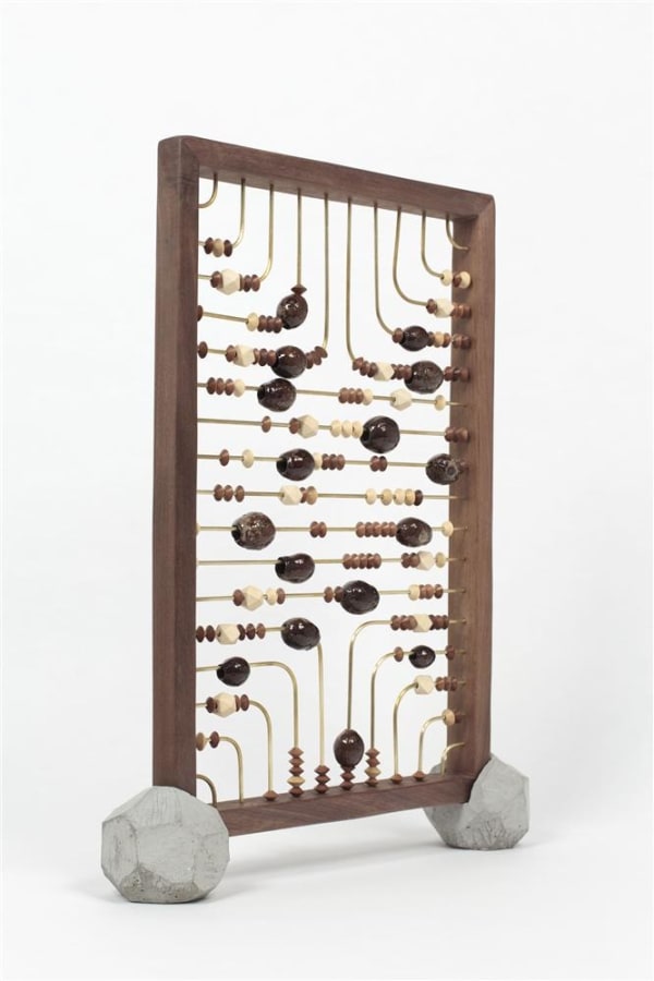 Wanda Gillespie Higher Consciousness Integrating Calculator (with Gumnut) III, 2019 walnut, brass, wooden beads, gum nuts, resin, wax, cast concrete 56.0 x 42.0 x 9.5 cm