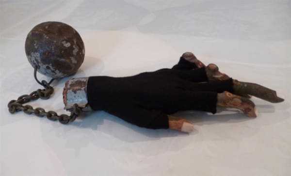 Josephine Cachemaille The Animist, 2012 Wood, wire, glue, wool, artists jersey, fabric scraps, cork, found metal ball and chain 100 x 1300 x 600 mm