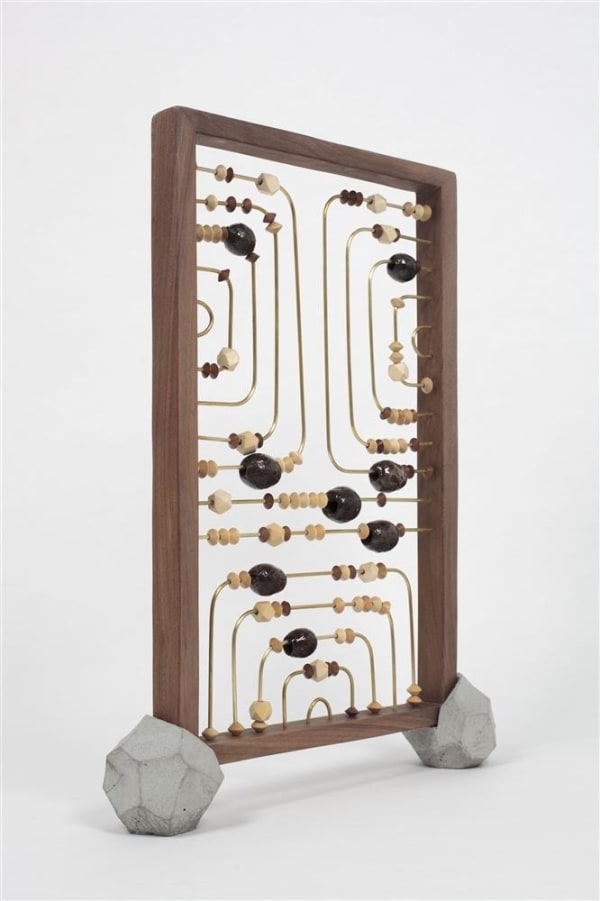 Wanda Gillespie Higher Consciousness Integrating Calculator (with Gumnut) V, 2019 walnut, brass, wooden beads, gum nuts, resin, wax, cast concrete 56.0 x 42.0 x 9.5 cm