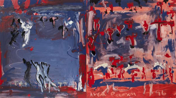 Alan Pearson North of Wilcannia (New Arrivals), 1996 Oil on board 480 x 830 mm
