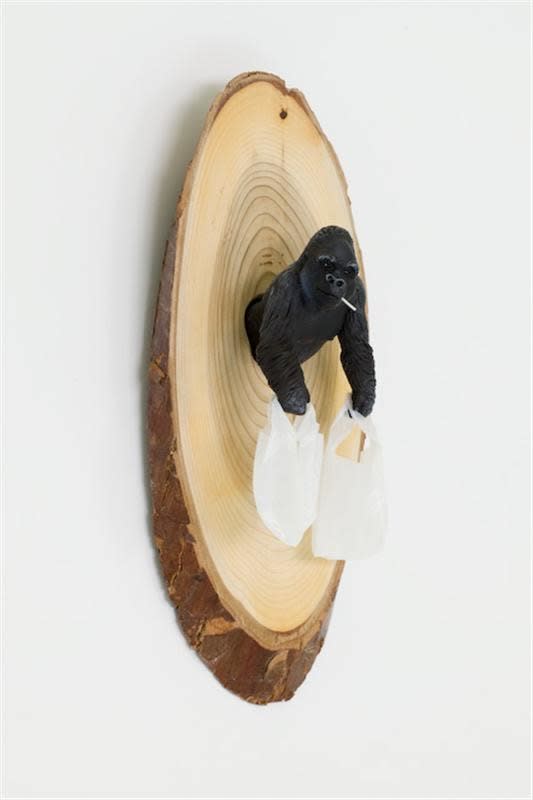 Josephine Cachemaille What you looking at?, 2010 Glue, paint, plastic, felt, found plastic gorilla and found souvenir wood 260 x 100 x 50 mm