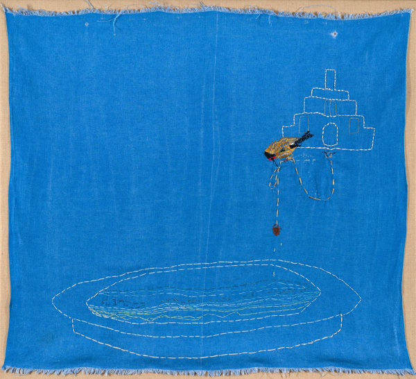 Emma Kathleen Hepburn Ferrer (Italy/US) The Goldfinch, 2025 Twine, gold thread, and cotton thread on cotton 54 x 48 7/8 in 137 x 124 cm