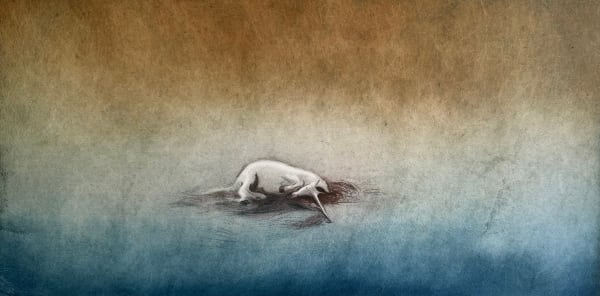 Emma Kathleen Hepburn Ferrer (Italy/US) Unicorn by a Lake, 2026 Soft-ground and drypoint etching in oil with hand-finished details 28 1/2 x 16 in 72.4 x 40.6 cm