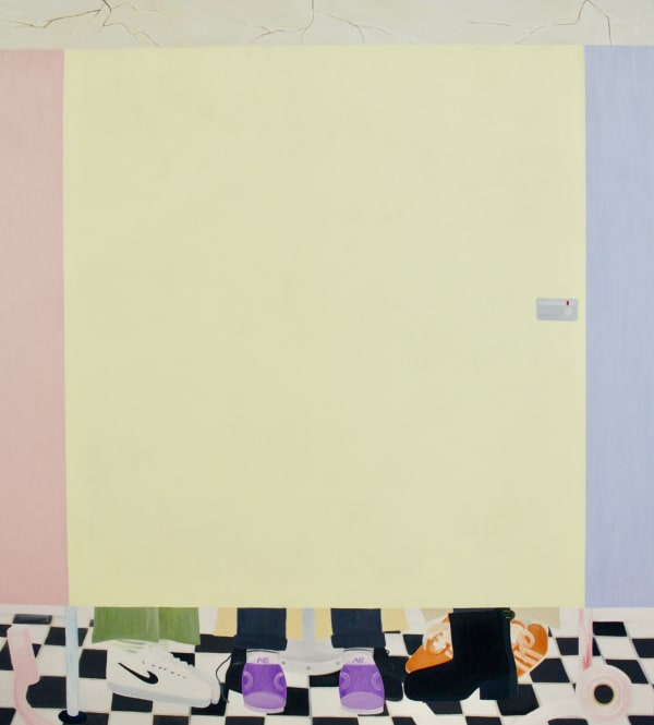 Let Me In is a large-scale canvas that highlights Fleur Yearsley's use of space and sensitive approach to colour. Meditating on the impact of lockdown and its constraining social regulations, Yearsley transports the audience into her pre-Covid memories. Here, we stand amongst friends, dancing, in enclosed spaces and doing what - more than ever - wouldn't be allowed. The stark contrast between the implied dark dance floor, vibrating through the walls of this brightly lit toilet cubicle hints at the pace of the scene and the subject depicted. Standing in front of this flat, pale yellow door, the viewer wants to be involved in the communal experience taking place, held in suspense contemplating the scene behind the door. Each figure, standing on a checked floor as figurines on a board game, wearing familiar brands and uniforms we own ourselves. The unravelling toilet roll on the lower right, acts as a decelerator to the scene. Slowing down until it’s stopped in motion, Let Me In suspends the secret communal act at play, rendering it sacred. This painting is a testament to the fact Yearsley is not afraid to take on an ambitious scale, subject, and colour. Barnett Newman's fear of primary colours feeds into the artist's challenge to harmonise powerful yellows, reds, and blues, with their softer palettes of greens, purples, and oranges peeping beneath the door.