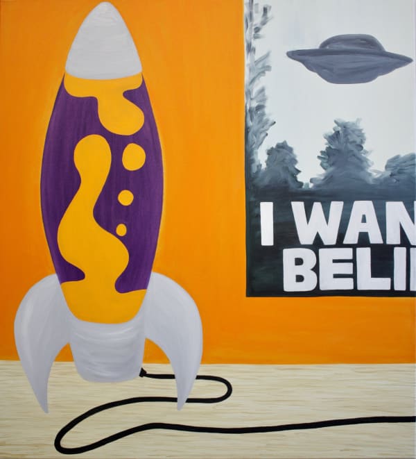 I Want To Believe rings with powerful 1990s iconography. From the mesmerising lava lamps that lit teenage bedrooms to the obsession with UFOs, aliens, and space, made famous on sci-fi cult classics like the X-Files; Yearsley here depicts the collective imagery and interests of her generation growing up. At the heart of her fascination with life on other planets, aliens, the universe, shines excitement for what is yet to be discovered. Starry eyes, although tamed slightly by adulthood, always keep a little wonder in outer space. This work is aspirational, speaking to our inner-explorer pursuing the meaning of life. The intentional outlined shape of the electrical cord making its way out of frame references Giorgio de Chirico's Neo-Metaphysical works of the 1960s which shows power chords charging from the moon and sun.