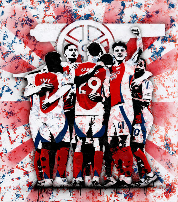 WE ALL FOLLOW #4, 2024 Mixed media on canvas (framed) Original, Unique (1 of 1) 129 x 114 x 4 cm Series: We all Follow the Arsenal