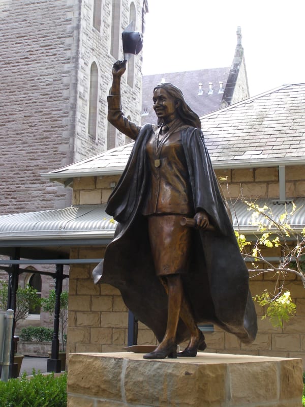 A bronze statue of a young woman dressed in academic regalia, including a gown and mortarboard, celebrating her graduation. She holds a diploma in her left hand and raises her cap high with her right hand. Her face is lit with a joyful smile. The statue is placed on a sandstone pedestal in front of the Manly International School of Management, with the historic stone building in the background.