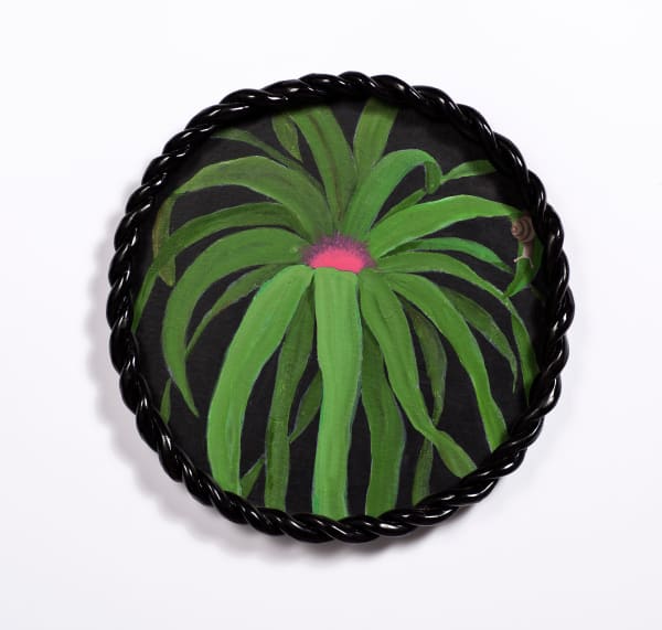 Angela Valamanesh Birds and bees 14, (Bromeliad with Snail), 2024 acrylic on canvas on plywood board with ceramic frame Ø 41 x 4 cm