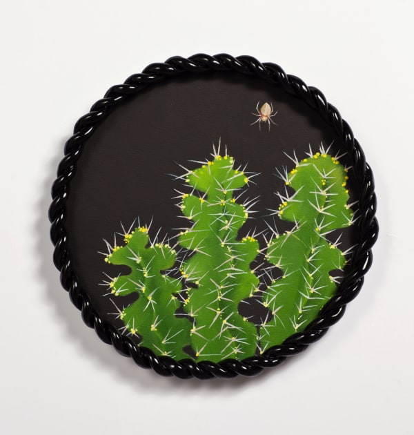 Angela Valamanesh Birds and bees 21, (Cactus with Spider), 2024 acrylic on canvas on plywood board with ceramic frame Ø 39 x 4 cm