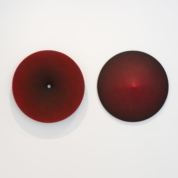 Marion Borgelt Bloodlight Star: No. 49 & No. 50, 2025 canvas, texture, acrylic, timber, florescent pigment Left: Ø 91.5 x 10 cm Right: Ø 91 x 14 cm
