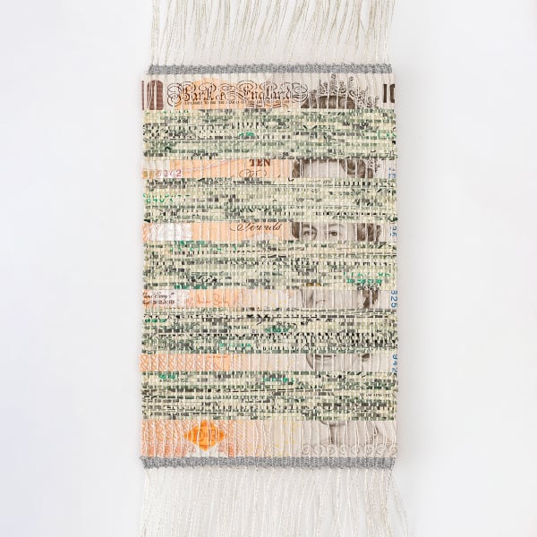 Abdullah M. I. Syed Fabricating Economies (USA/Great Britain - Recto), 2020 hand-loomed found shredded US dollars, hand-cut uncirculated 10 British pound, silver zardozi thread 18.5 x 11.7 cm 51 x 33 cm (framed) made with assistance from Janet Maughan (Handspinners & Weavers Guild of South Australia) (Unframed)