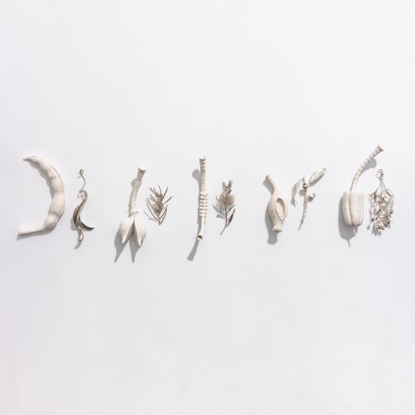 Sarah Rayner & Sophie Carnell Florilegium …. Whispered conversations II, 2020 hand carved porcelain and sterling and fine silver 17 x 85 x 4 cm (10 components)