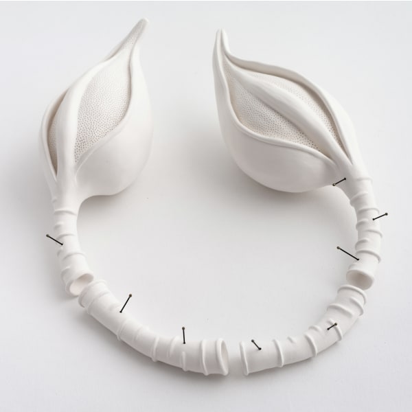 Sarah Rayner Flowerbone #32, 2018 Hand Carved porcelain with Terra sigillata and entomology pins Table top piece 16 x 20 x 5 cm (4 components, not joined)