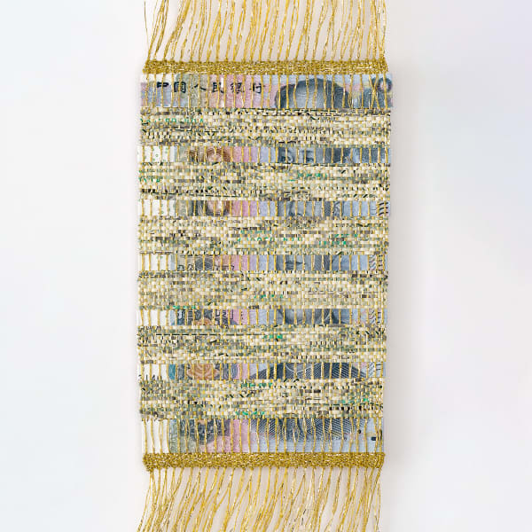 Abdullah M. I. Syed Fabricating Economies (USA/China - Recto), 2020 hand-loomed found shredded US dollars, hand-cut uncirculated 10 British pound, silver zardozi thread 18.5 x 11.7 cm 51 x 33 cm (framed) made with assistance from Janet Maughan (Handspinners & Weavers Guild of South Australia) (Unframed)