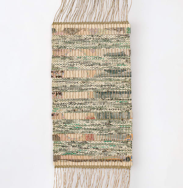 Abdullah M. I. Syed Fabricating Economies (USA/Japan - Recto), 2020 hand-loomed found shredded US dollars, hand-cut uncirculated 10 British pound, silver zardozi thread 20.5 x 11.5 cm 51 x 33 cm (framed) made with assistance from Janet Maughan (Handspinners & Weavers Guild of South Australia) (Unframed)