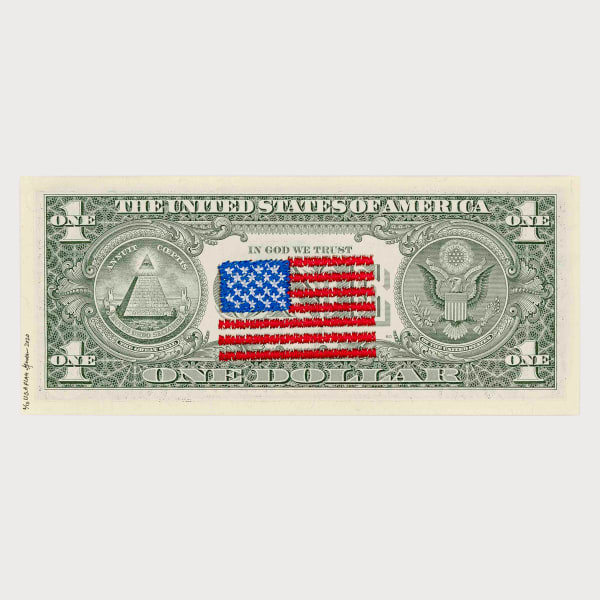 Abdullah M. I. Syed Money Flag: USA (1 US$ Verso), 2020 embroidery, 1 US dollar bill 6.6 x 15.5 cm 42 x 32 cm (framed) (Unframed) Edition 4 of 10