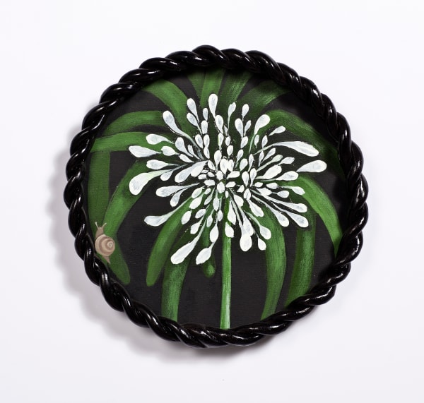 Angela Valamanesh Birds and bees 9, (Agapanthus with Snail), 2024 acrylic on canvas on plywood board with ceramic frame Ø 31 x 4 cm