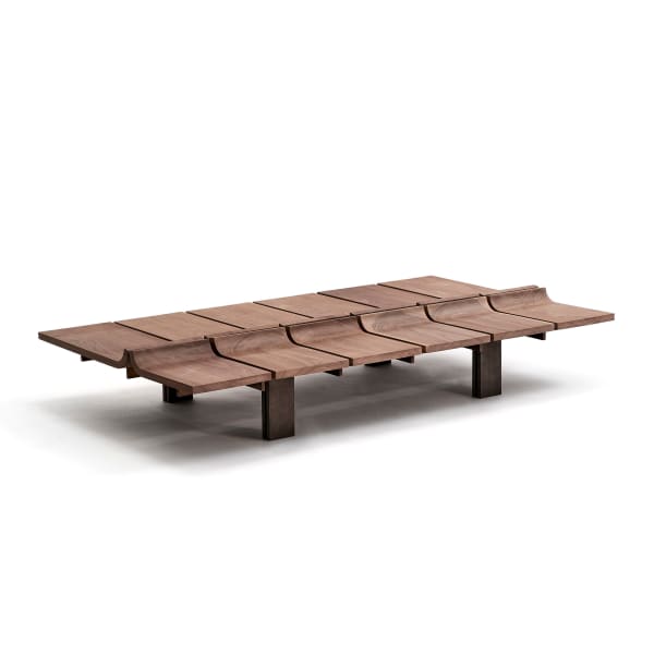 Studio Don Cameron Coffee Table ‘Double Ramp’, 2022 Solid Black American Walnut Walnut tiles: Matt oil / Wax finish Structure: Bronzed brass 25 x 80 x 130 cm Edition of 8 plus 4 AP