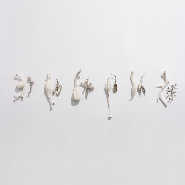 Sarah Rayner & Sophie Carnell Florilegium …. Whispered conversations III, 2020 hand carved porcelain and sterling and fine silver 17 x 105 x 4 cm (12 components)