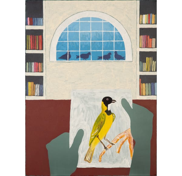 Fernando do Campo The birdwatcher in the Mitchell Library (with Rock dove and Golden whistler), 2022 acrylic on canvas 61 x 46 cm