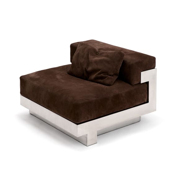 Studio Don Cameron Bloc Sofa Element, 2022 Base: Stainless Steel. Polished finish retaining subtle patina. Upholstery: Foam with goose down pillow top. Twin needle seams. Fabric illustrated. Chocolate long nap suede. Other fabrics are available upon request. 61 x 90 x 90 cm
