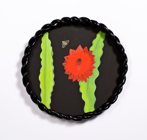 Angela Valamanesh Birds and bees 17, (Cactus with Bee), 2024 acrylic on canvas on plywood board with ceramic frame Ø 41 x 4 cm