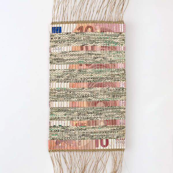 Abdullah M. I. Syed Fabricating Economies (USA/Europe - Recto), 2020 hand-loomed found shredded US dollars, hand-cut uncirculated 10 British pound, silver zardozi thread 19.2 x 11.7 cm 51 x 33 cm (framed) made with assistance from Janet Maughan (Handspinners & Weavers Guild of South Australia) (Unframed)