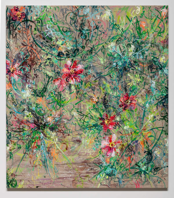 Kysa Johnson Ghosts In Common - Eat The Sun - Subatomic Decay Patterns and Tangled Flowers 1, 2024 Acrylic, ink and watercolor on linen 27 x 24 x 1.5 inches