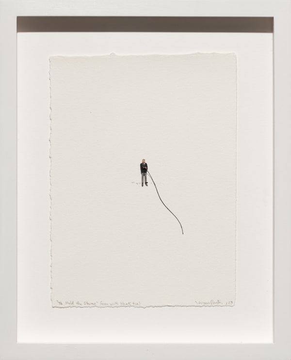 Liliana Porter To Hold the String (Man with Black Tie), 2023 Assemblage: graphite and figurine with string on notebook paper 12 x 9.5 inches, framed