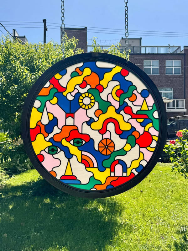 Ben Houtkamp Hooked on Phonics, 2024 Traditional leaded stained glass panel in steel frame 35 inches, diameter