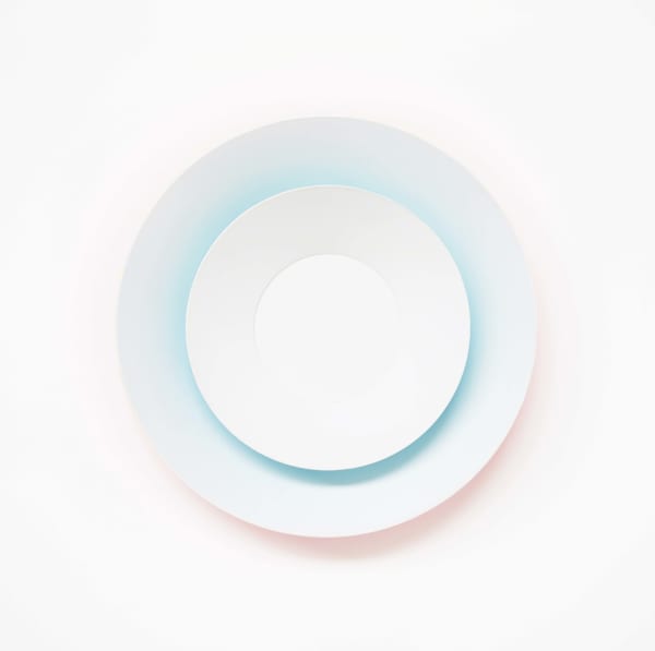 Luftwerk Aurae Duo No. 3 , 2025 Aluminum and acrylic paint 19.75 inch diameter 3 inch depth