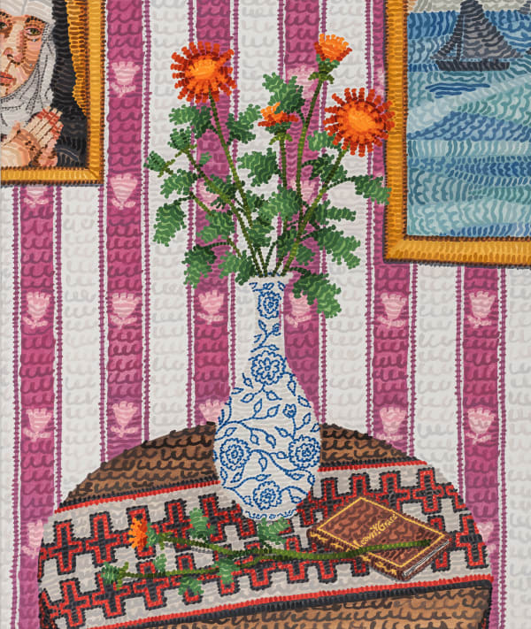 Howard Fonda, Untitled (chrysanthemum, ming vase, Leaves of Grass, Diné blanket, colonial table, Peche wallpaper, Manet, and Bouts), 2024