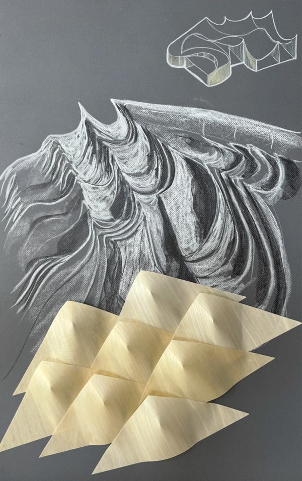 Jeanne Gang Sastrugi, 2024 Chalk, charcoal, graphite, aspen veneer on illustration board 31.5 x 20 x 2.5 inches