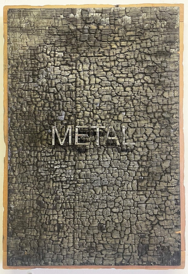 Juan Angel Chavez They Are Not Like Us, 2024 Burnt plywood, water tower wood, acrylic 36 x 24 x 6 inches