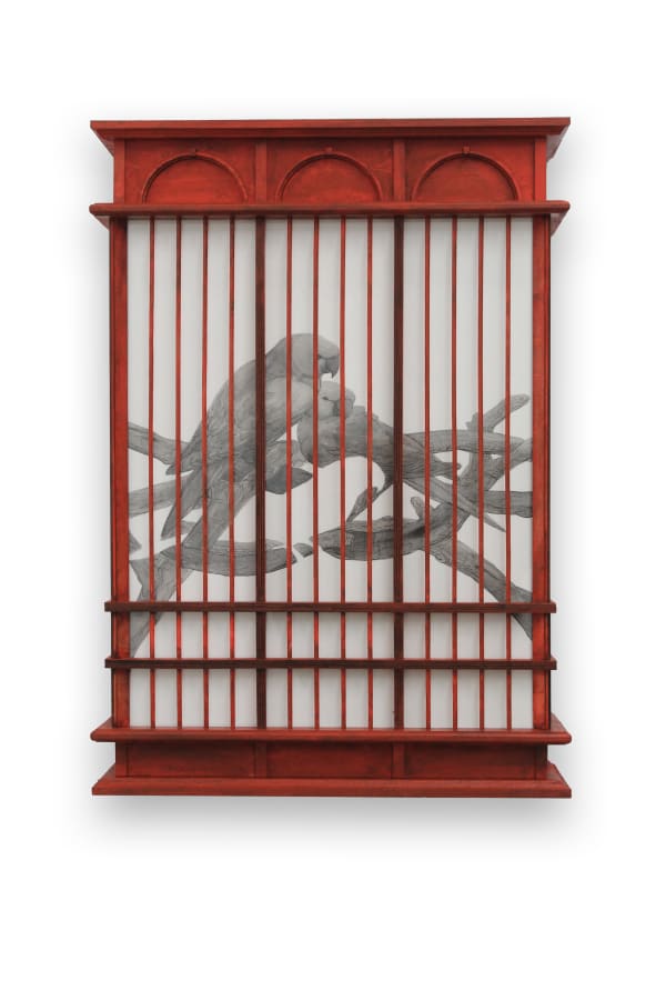 Firi Rahman Spaces and Memories XIV, 2025 Pen on Paper and Wooden Cage 55 x 36 x 12 cm 21 5/8 x 14 1/8 x 4 3/4 in