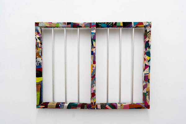 Hema Shironi Decorating Rented Windows, 2024 Patchwork on Iron Mesh 108 x 143 cm 42 1/2 x 56 1/4 in