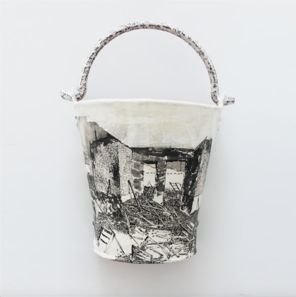 Gayan Prageeth Apperceiving 1983 IX, 2017 Japanese Ink and Acrylic on Rice Paper on Steel Bucket 43cm x 25cm x 25cm