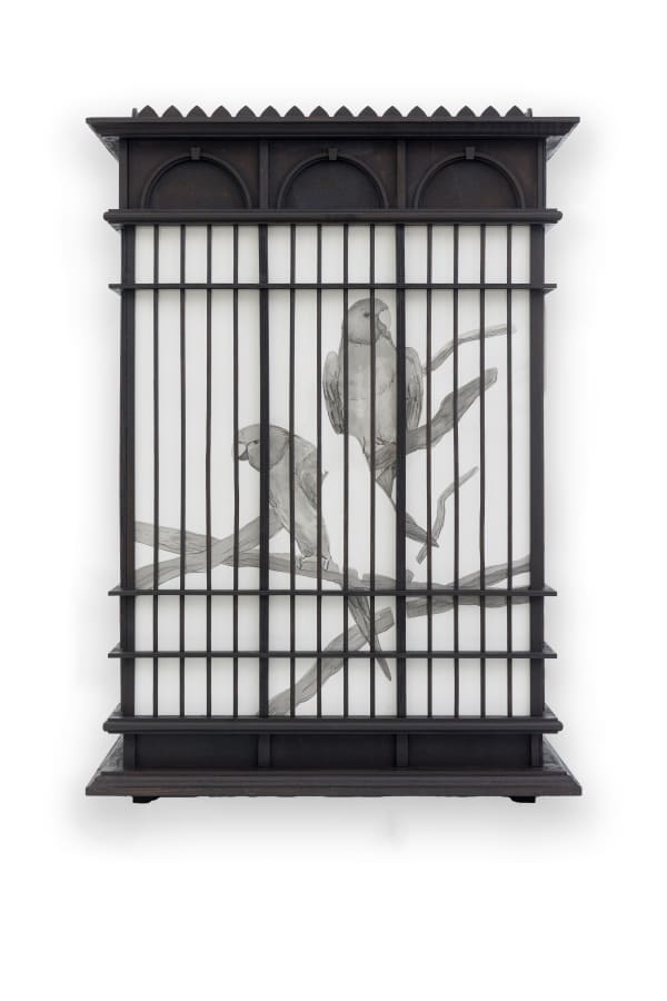 Firi Rahman Spaces and Memories XXI, 2025 Pen on Paper and Wooden Cage 56cm x 38cm x 41cm