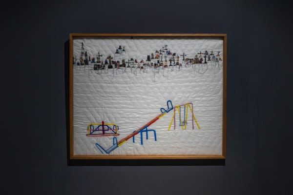 Hema Shironi Up in the Air and Down, 2024 Paper Collage and Hand Embroidery on Quilt 89 x 120 cm 35 x 47 1/4 in