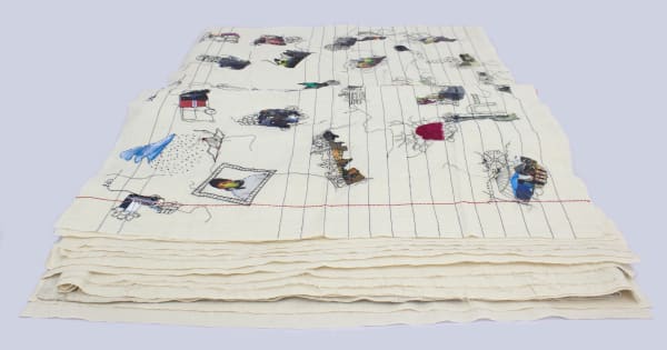 Hema Shironi Collage Letters, 2020 Mixed Media (Paper and Thread on Cloth) 76 x 107 cm 29 7/8 x 42 1/8 in